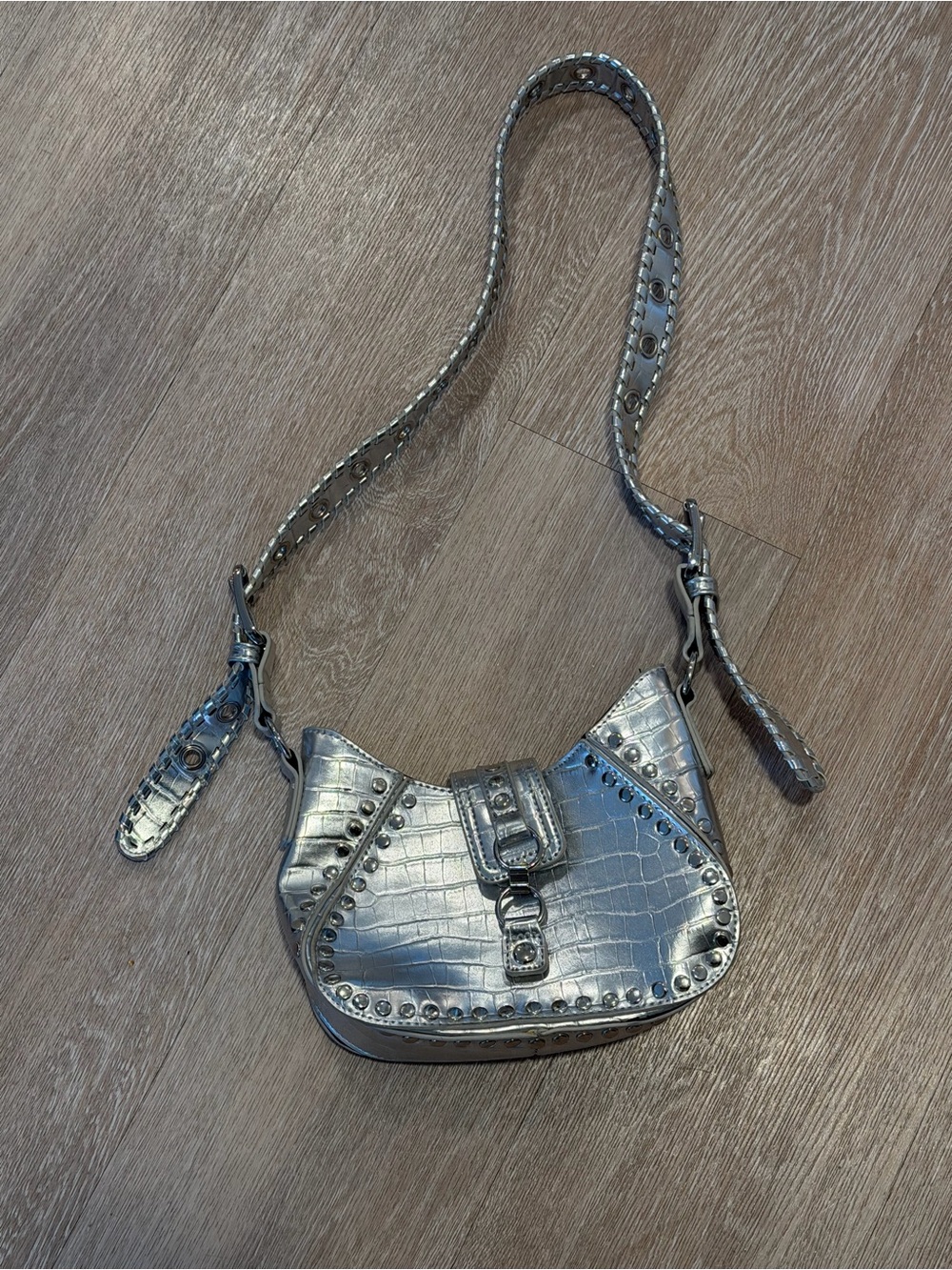 Urban Outfitters Metallic Silver Croc-Embossed Studded Shoulder Bag